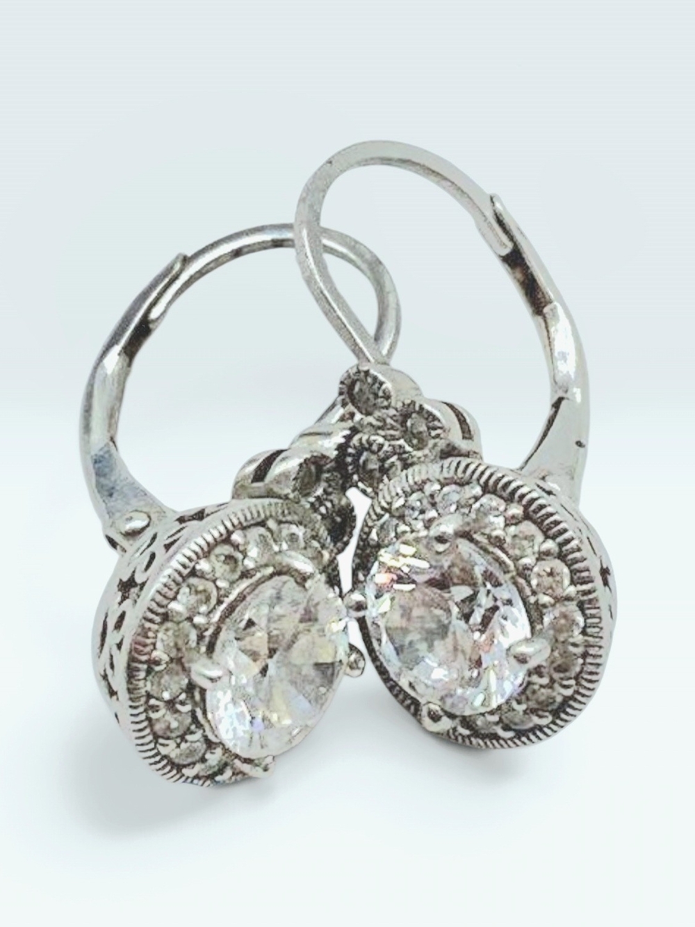 π 925 Sterling Silver CZ Diamond Halo Lever Back Drop Earrings Art Deco - Picture 2 of 15